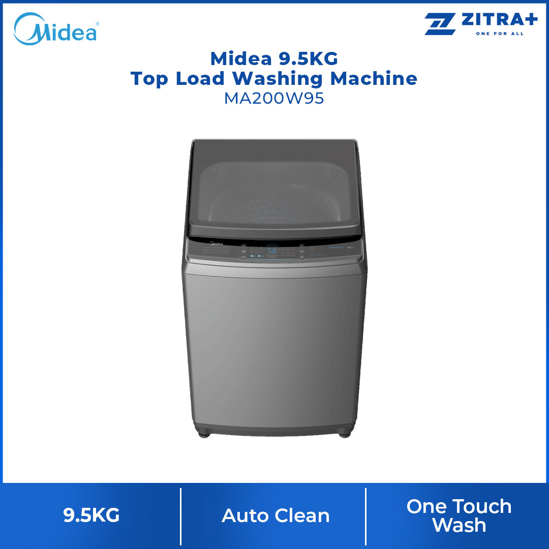 Midea 9.5KG Top Load Washing Machine MA200W95 | AirFresh | Soft Close Lid | Auto Stop | One-Touch Smart Wash | Child Lock |  Auto Clean | Hygiene+ | Deep Clean | Turbo | Lunar Dial | Washing Machine with 2 Year Warranty