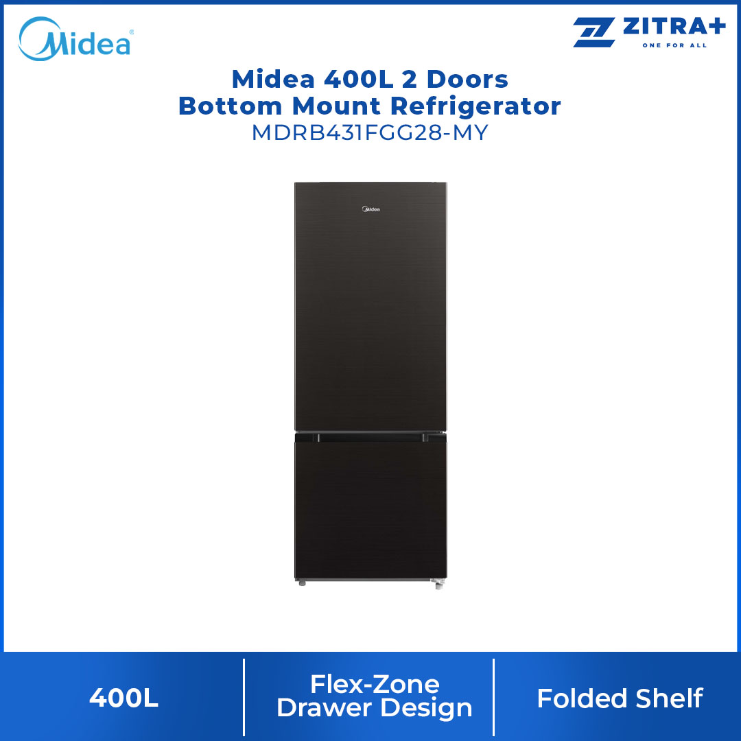 Midea 400L 2 Doors Bottom Mount Refrigerator MDRB431FGG28-MY | Flex-Zone Drawer Design | Folded Shelf | Refrigerators with 1 Year Warranty