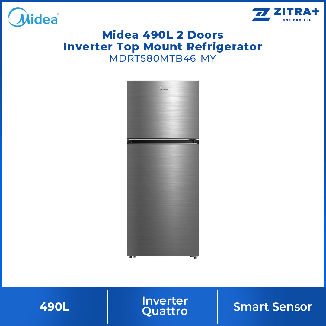 Midea 490L 2 Doors Inverter Top Mount Refrigerator MDRT580MTB46-MY | Inverter Quattro | Active-C Fresh | Big Cooling Zone | Big Ice Tray | Smart Sensor | Electronic Control | Highlight LED | Refrigerators with 1 Year Warranty