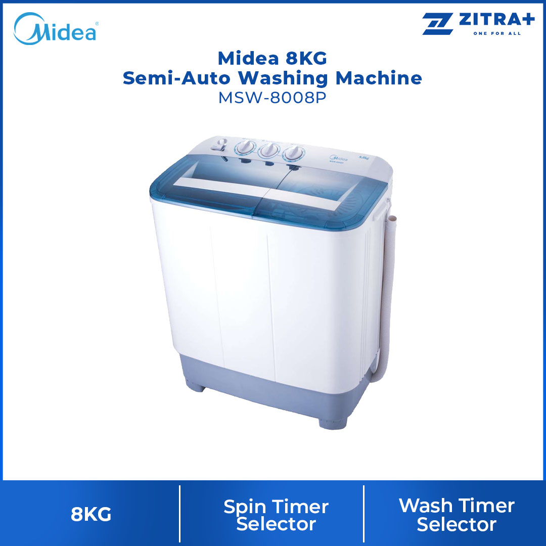 Midea 8KG Semi-Auto Washing Machine MSW-8008P |  Wash Drain Selector | Wash Timer Selector | Spin Timer Selector | Fibre Body | Washing Machine with 1 Year Warranty
