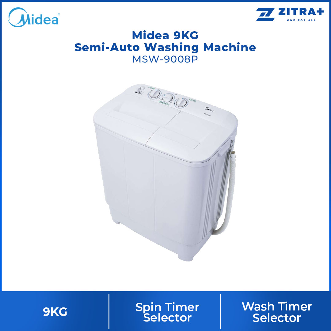 Midea 9KG Semi-Auto Washing Machine  MSW-9008P | Wash Drain Selector | Wash Timer Selector | Spin Timer Selector | Fibre Body | Washing Machine with 1 Year Warranty