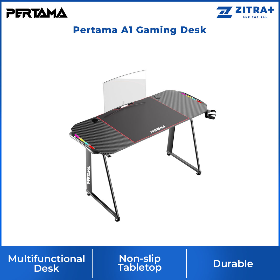 Pertama A1 Gaming Desk Gaming Table | Non-slip Carbon Fiber Tabletop | Dimension: 140 X 60 X 75 CM | With Headset Hook & Cup Holder | Gaming Table with 2 Years Warranty