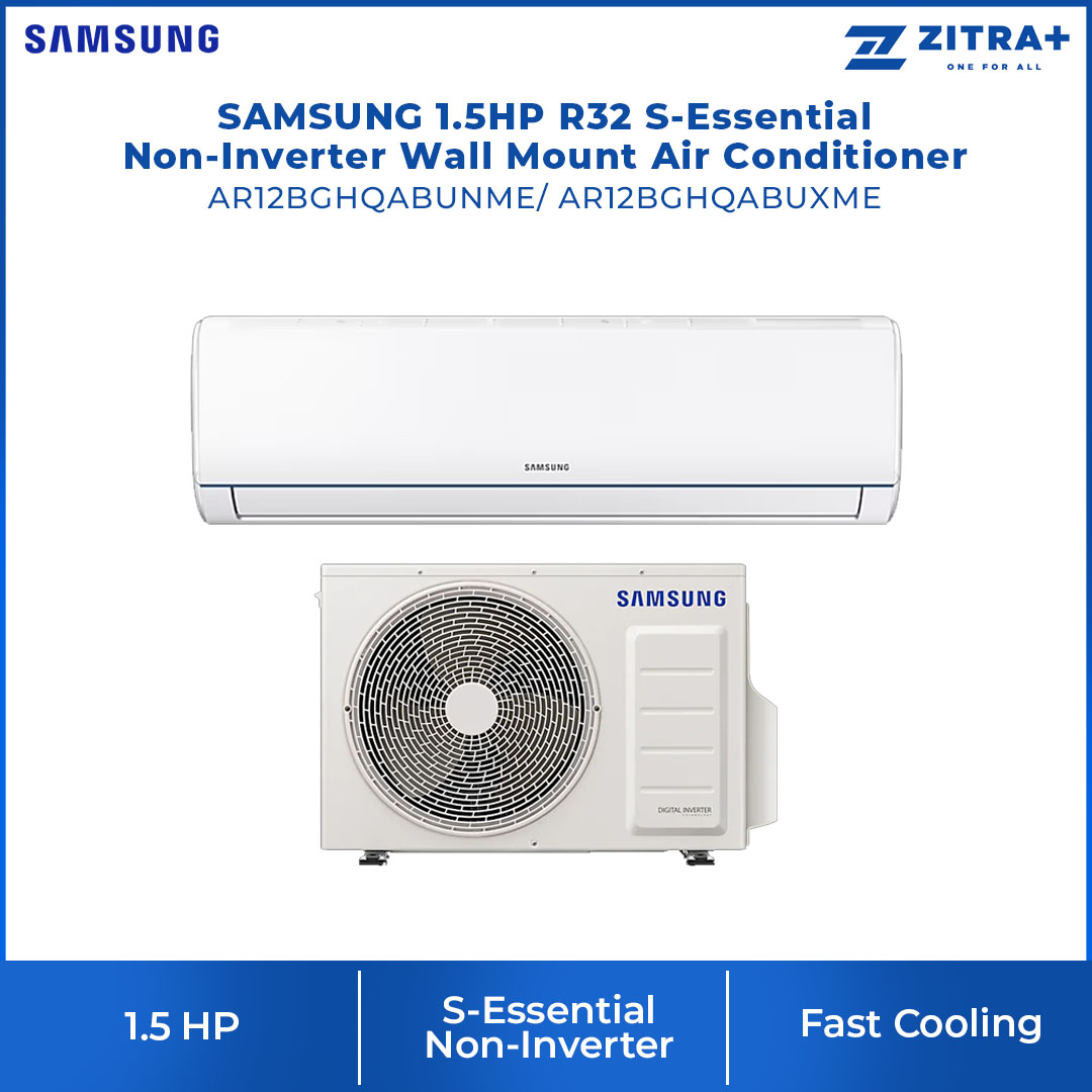 SAMSUNG 1.5HP R32 S-Essential Non-Inverter Wall Mount Air Conditioner AR12BGHQABUNME/AR12BGHQABUXME | Long-Lasting Cooling | HD Filter | Fast Cooling | DuraFin+ | R32 Refrigerant | Fan Mode | Air Conditioner with 1 Year Warranty