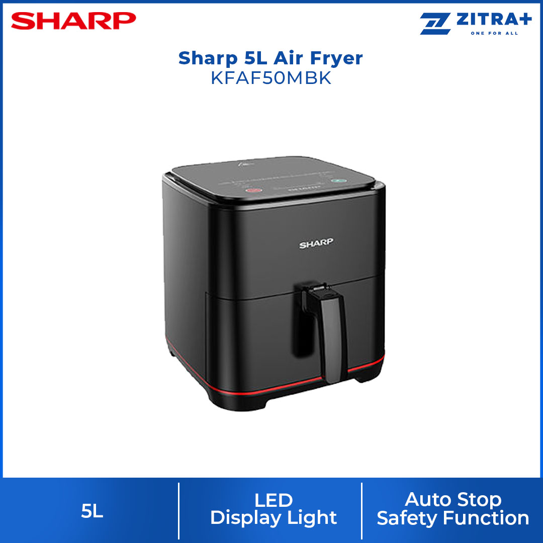Sharp 5L Air Fryer KFAF50MBK | 8 Cook Menu | 6 Fans Blades | LED Display Light | Auto Stop Safety Function | Max Temperature 200 Degree Celcius | Air Fryer with 1 Year Warranty
