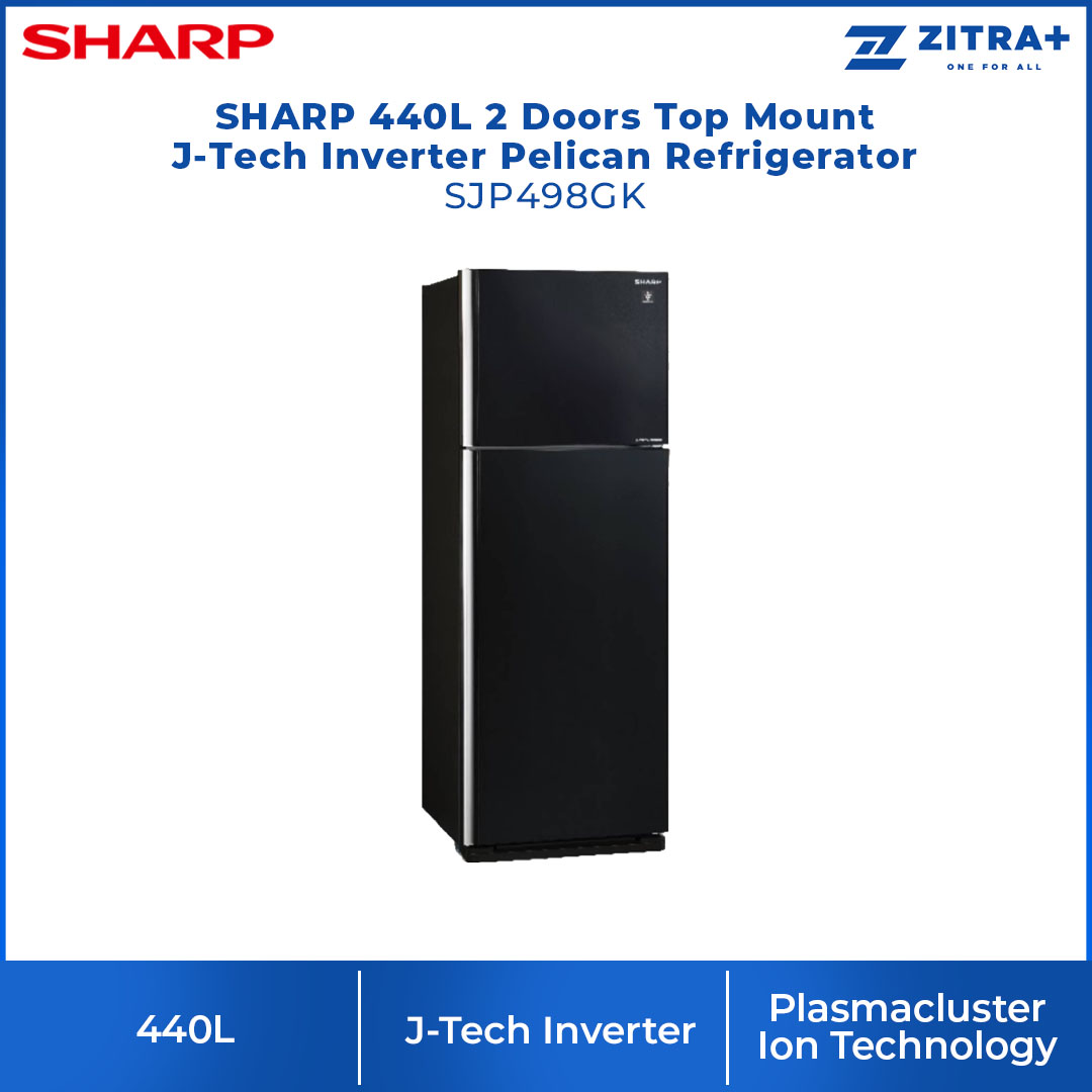 SHARP 440L 2 Doors Top Mount J-Tech Inverter Pelican Refrigerator SJP498GK |  J-Tech Inverter Technology | Internal Temperature Control | Extra Cool | Express Freezing | Child Lock | Door Alarm | Ice Maker | Refrigerator with 1 Year Warranty