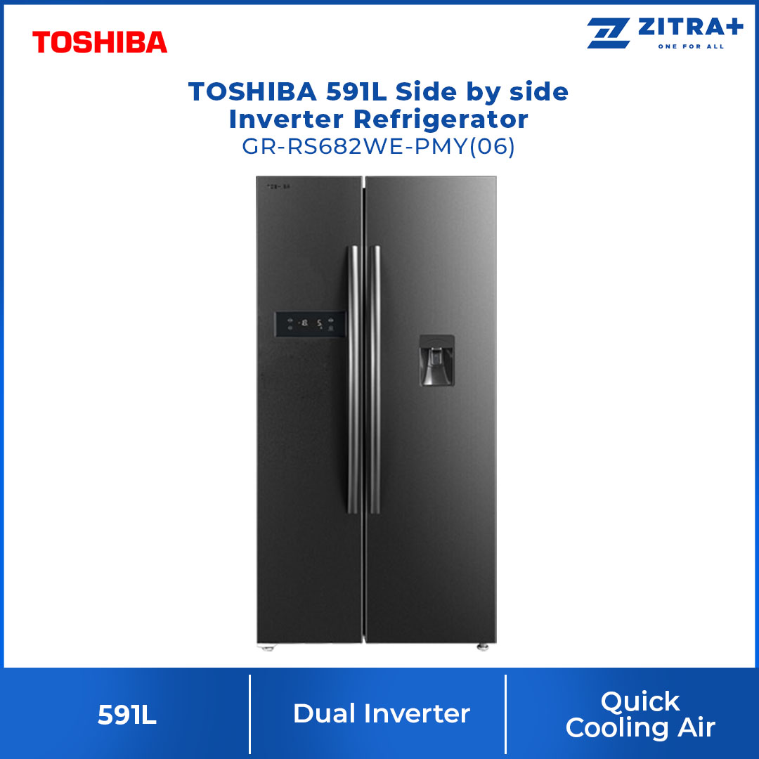 TOSHIBA 591L Side by Side Dual Inverter Refrigerator GR-RS682WE-PMY(06) | Dual Inverter | Ice Maker | Quick Cooling Air | Pure BIO | Multi-Air Flow | Cool Water Dispenser | Alloy Cooling | Eco LED Light | Refrigerators with 1 Year Warranty