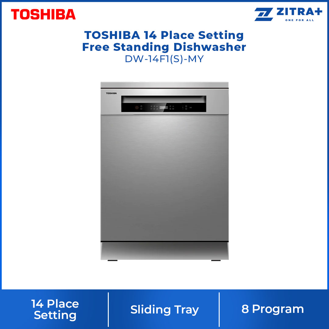 TOSHIBA 14 Place Setting Standing Dishwasher DW-14F1(S)-MY | High-Standard Hygiene | Personalize Uncleaned Dishware | Off-Peak Wash | Soil-Sensing Auto Cycle | Daily Auto | Half Load | LED Display Panel | Standing Dishwasher with 1 Year Warranty