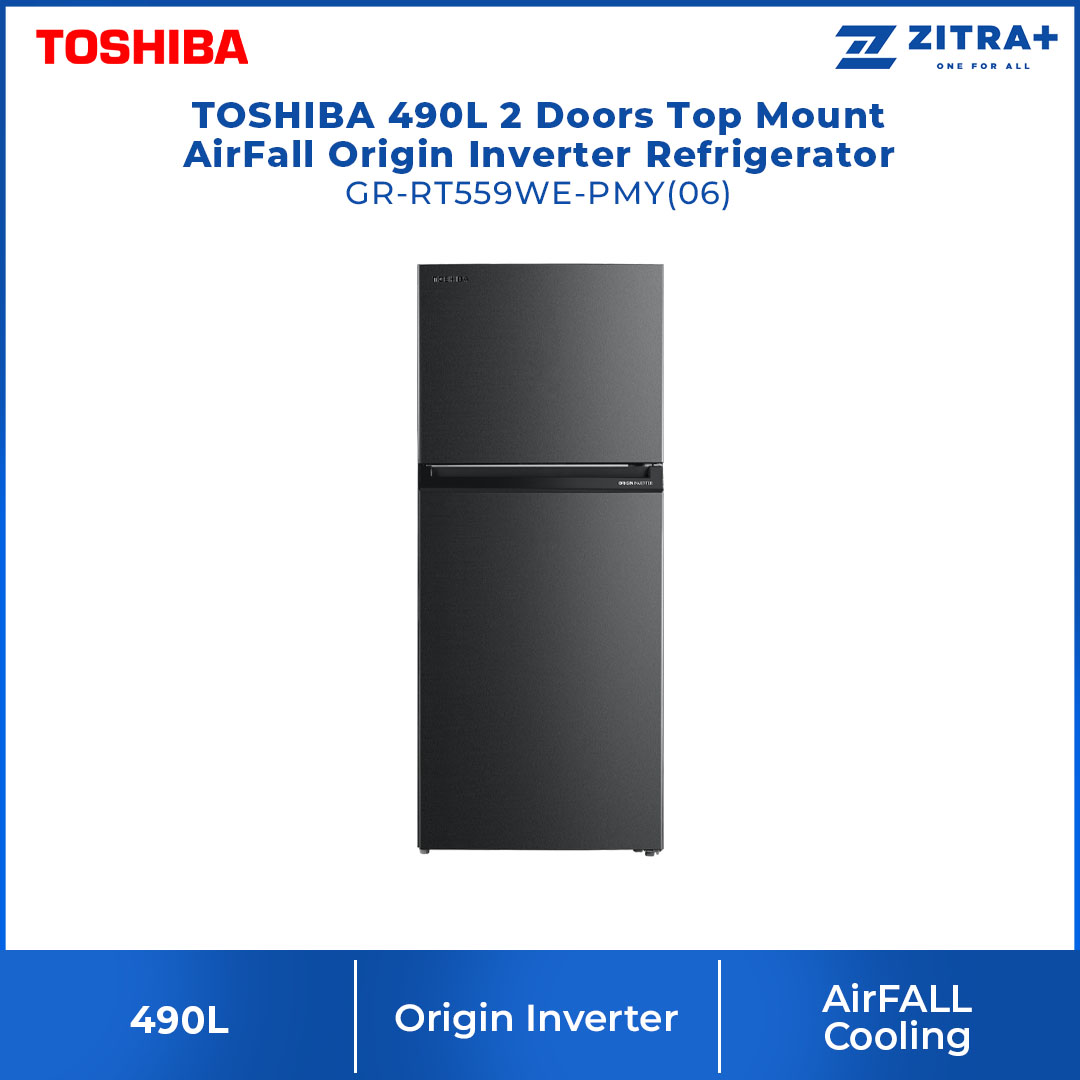Toshiba 490L 2 Doors Top Mount AirFall Origin Inverter Refrigerator GR-RT559WE-PMY(06) | Pure Bio | Humidity Control | Electric Control | Cooling Zone | Origin Inverter | AirFALL Cooling | Refrigerator with 1 Year Warranty