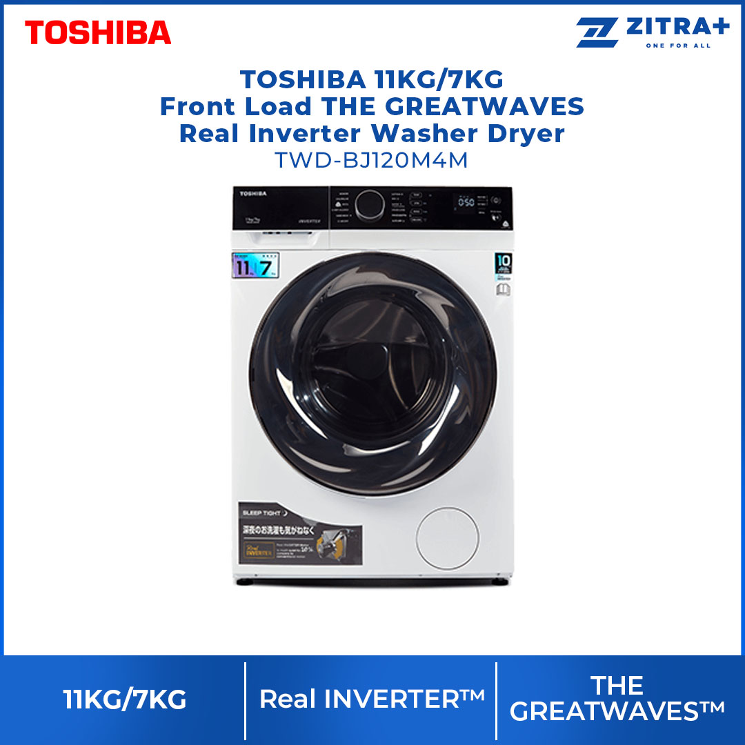 TOSHIBA 11KG/7KG Front Load THE GREATWAVES Real Inverter Washer Dryer TWD-BJ120M4M | 12 minutes Quick Wash  CycloneMix™ | Washer Dryer with 2 Year General & 10 Year Motor Warranty