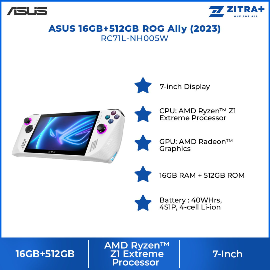 ASUS 16GB+512GB ROG Ally (2023) RC71L-NH005W | Windows 11 | AMD Ryzen™ Z1 Extreme Processor |  40WHrs | Console with 1 Year Warranty