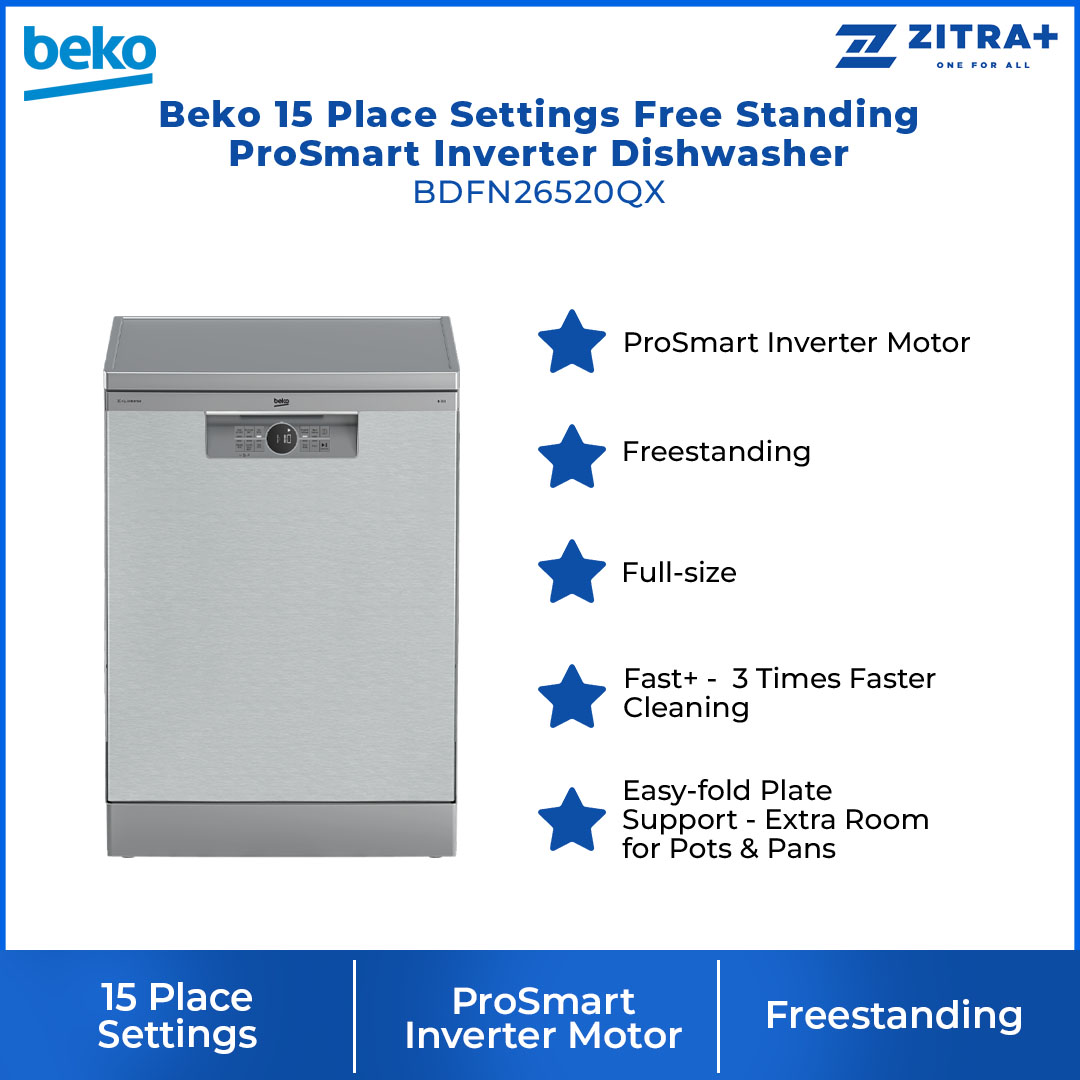 Beko 15 Place Settings Free Standing ProSmart Inverter Dishwasher BDFN26520QX | ProSmart Inverter Motor | 6 Number of Programmes | Sliding Detergent Dispenser | Dish Washer with 2 Year Warranty