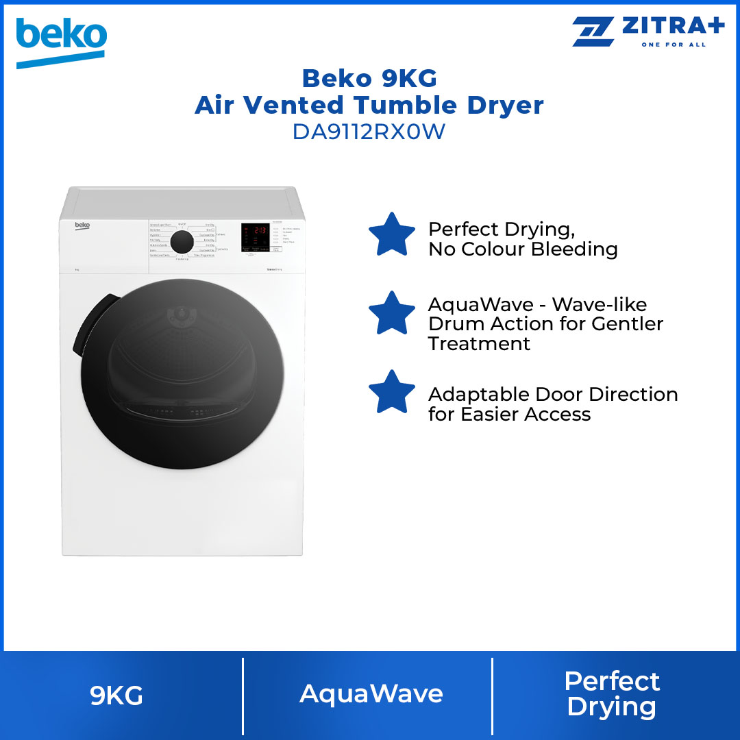 Beko 9KG Air Vented Tumble Dryer DA9112RX0W | AquaWave | OptiSense Sensor Drying | Child Lock | Reverse Drum Action | Dryer with 2 Year Warranty