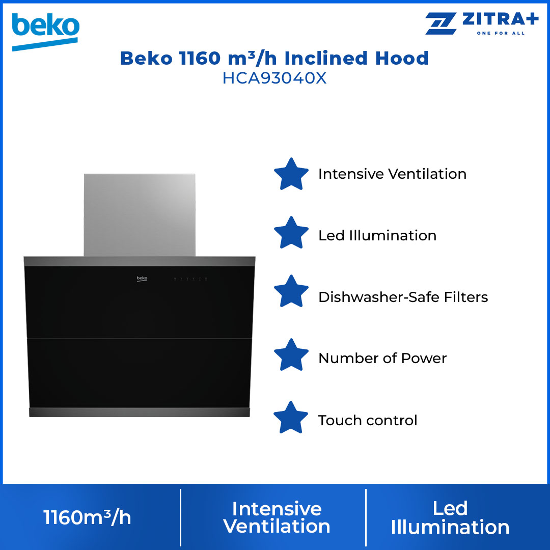 Beko 1160m³/h Inclined Designer Hood HCA93040X | 4 Power Levels | Intensive Ventilation | Led Illumination | Dishwasher-Safe Filters | Hood with 2 Years General Warranty & 12 Years Motor Warranty