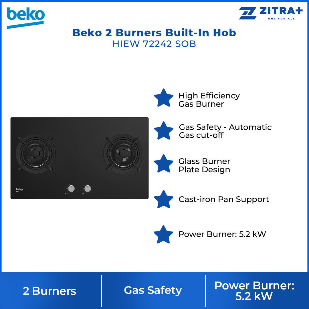 Beko 2 Burners Built-In Hob HIEW 72242 SOB | Automatic Gas Cut-off | Cast-iron Pan Support | Integrated Ignition | Built-In Hob with 2 Years Warranty