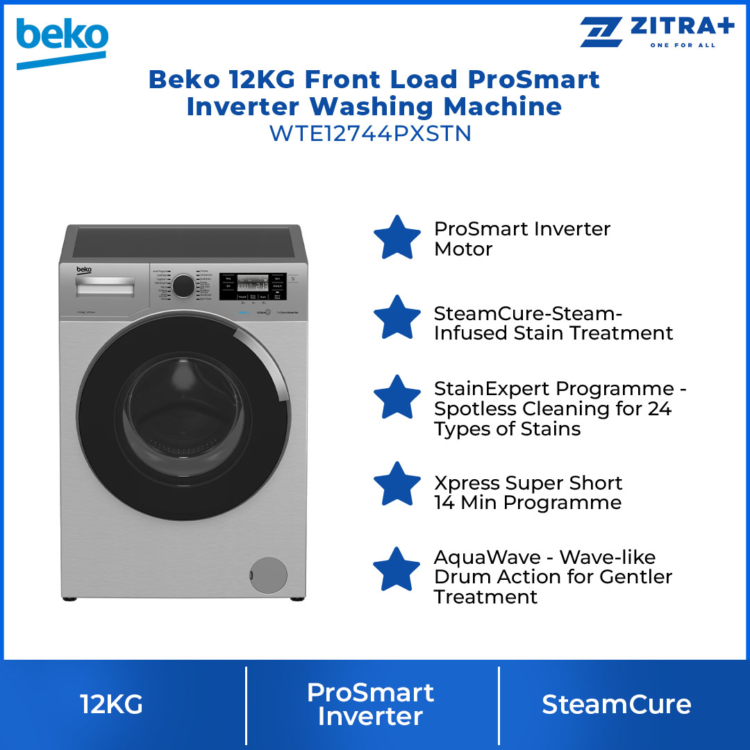 Beko 12KG Front Load ProSmart Inverter Washing Machine WTE12744PXSTN | AntiCrease | AquaWave | Extra Rinse | Steam | DrumClean | Washing Machine with 2 Year Warranty