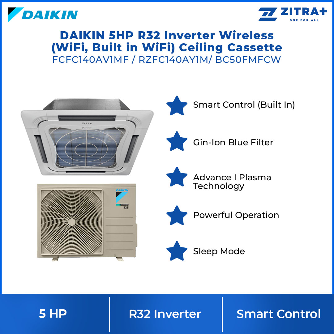 DAIKIN 5HP R32 Inverter Wireless (WiFi, Built in WiFi) Ceiling Cassette FCFC140AV1MF/RZFC140AY1M/BC50FMFCW | Smart Control | GinIon Blue Filter | Plasma Technology | Powerful Operation | Sleep Mode | Outdoor Blue Fin | Air Conditioner with 1 Year Warranty