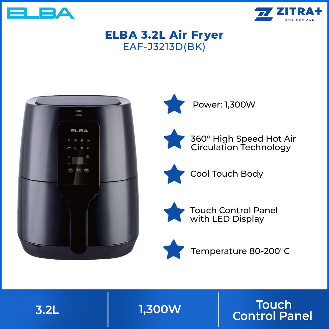 ELBA 3.2L Air Fryer EAF-J3213D(BK) | Power: 1,300W | 8 Preset Cooking Setting | Over Heat Protection | Timer Control | Air Fryer with 1 Year Warranty