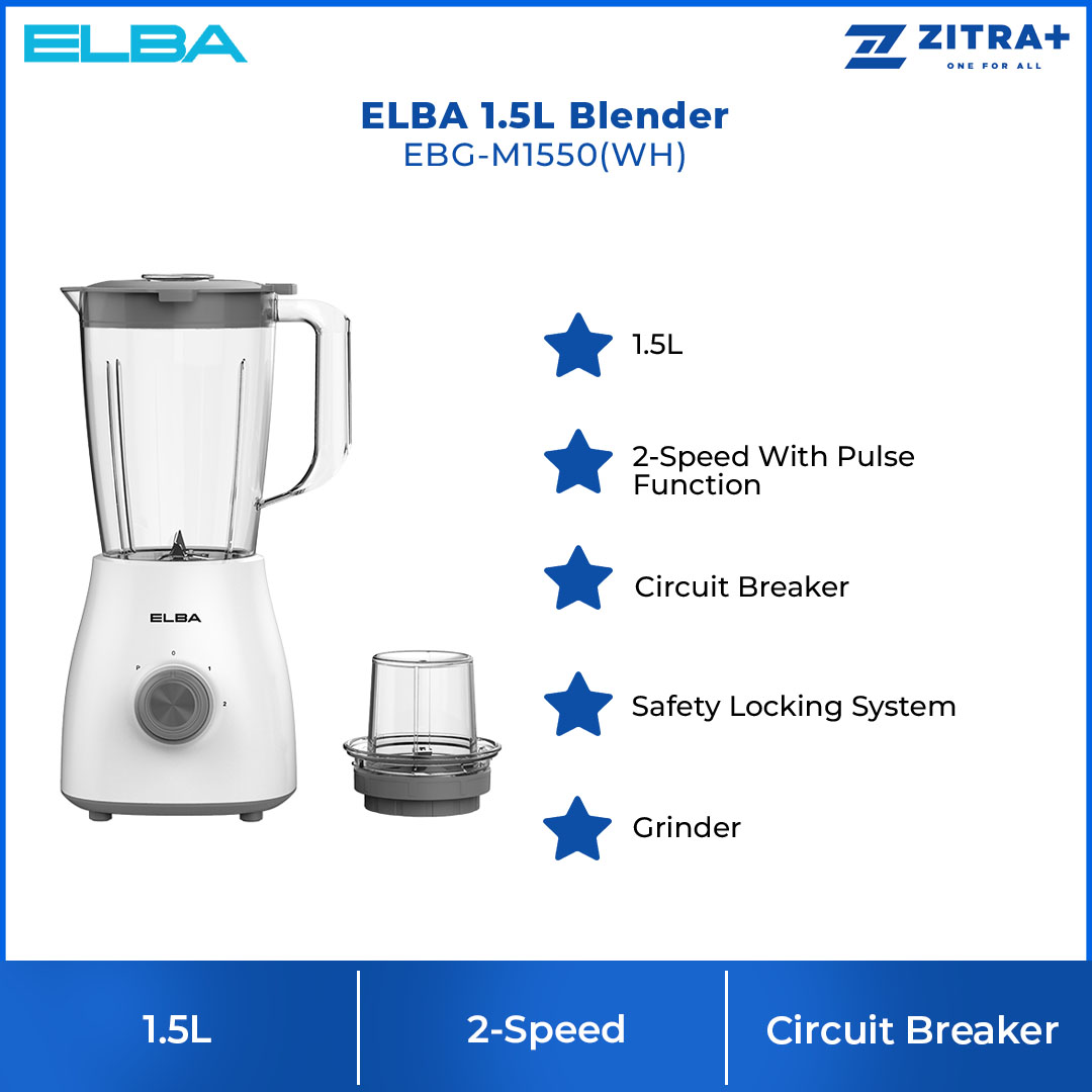 ELBA 1.5L Blender EBG-M1550(WH) | Power: 500W | 2-Speed With Pulse Function | Saferty Locking System | With Grinder | Blender with 1 Year Warranty