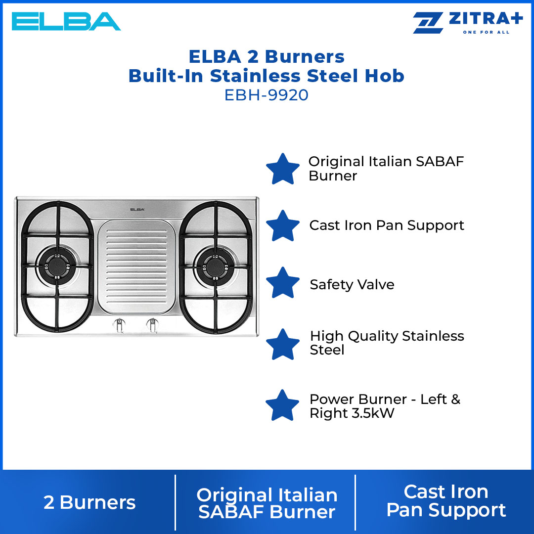 ELBA 2 burners Built-In Stainless Steel Hob EBH-9920 | Original Italian SABAF Burner | Cast Iron Pan Support | Safety Valve | Hob with 1 Year Warranty