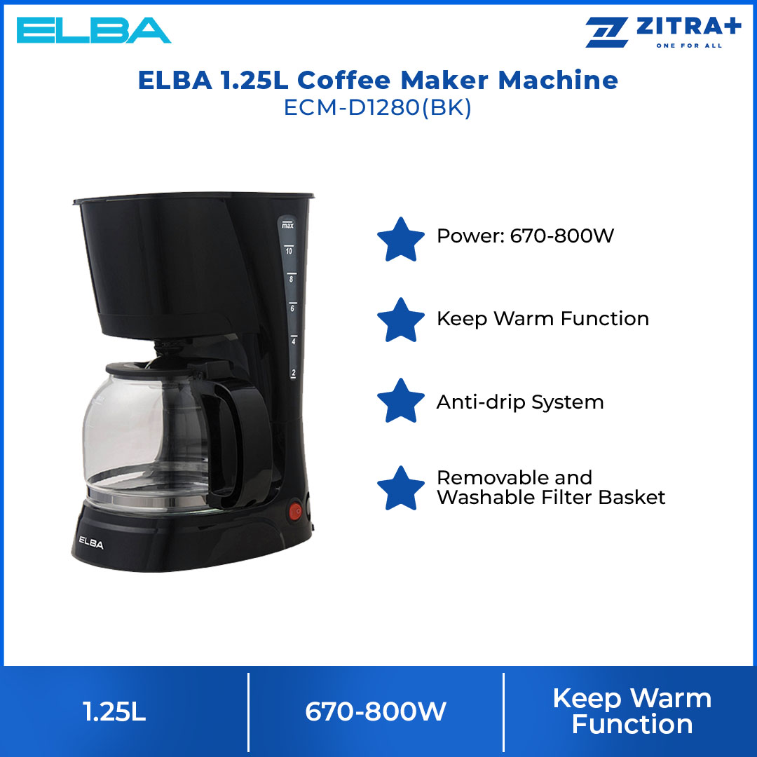 ELBA 1.25L Coffee Maker Machine ECM-D1280(BK) | Removable and Washable Filter Basket | Keep Warm Function | Anti-drip System | Coffee Maker Machine with 1 Year Warranty