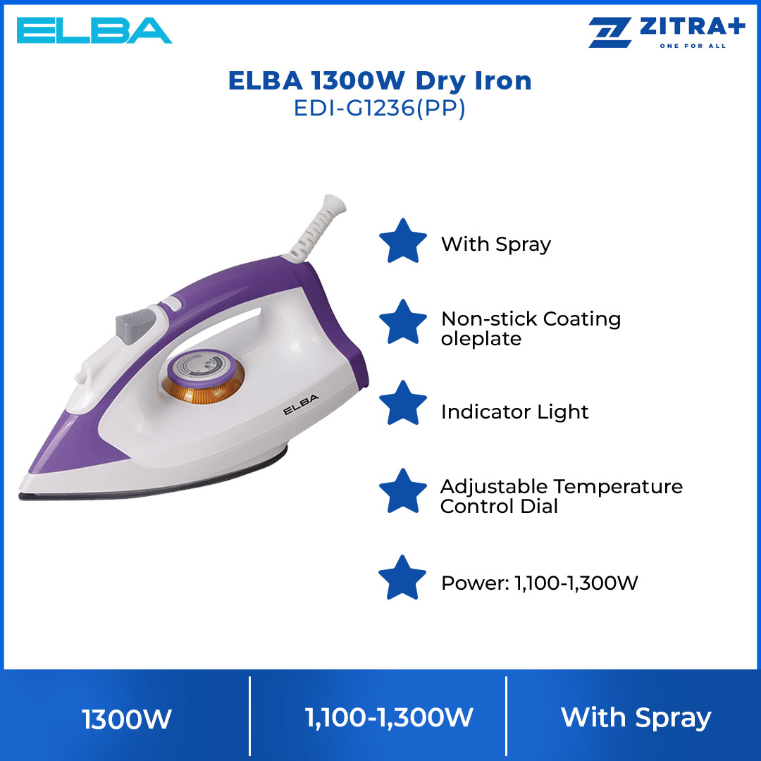 ELBA 1300W Dry Iron EDI-G1236(PP) | With Spray Function | Non Stick Coating Soleplate | Adjustable Temperature Control Dial | Overheat Safety Protection | Iron with 1 Year Warranty
