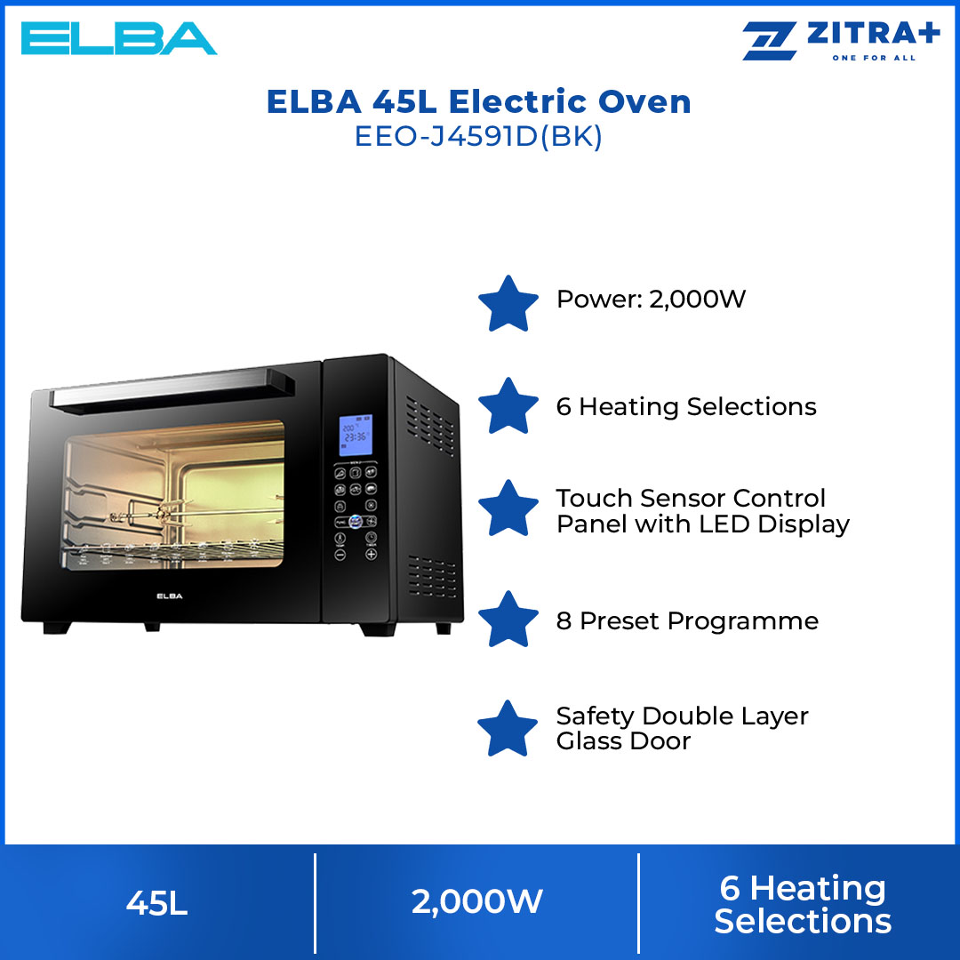 ELBA 45L Electric Oven EEO-J4591D(BK) | 6 Heating Selections | 8 Preset Programmes | Safety Double Layer Glass Door | Smart Timer Control up to 180 Minutes with Buzzer | Oven with 1 Year Warranty