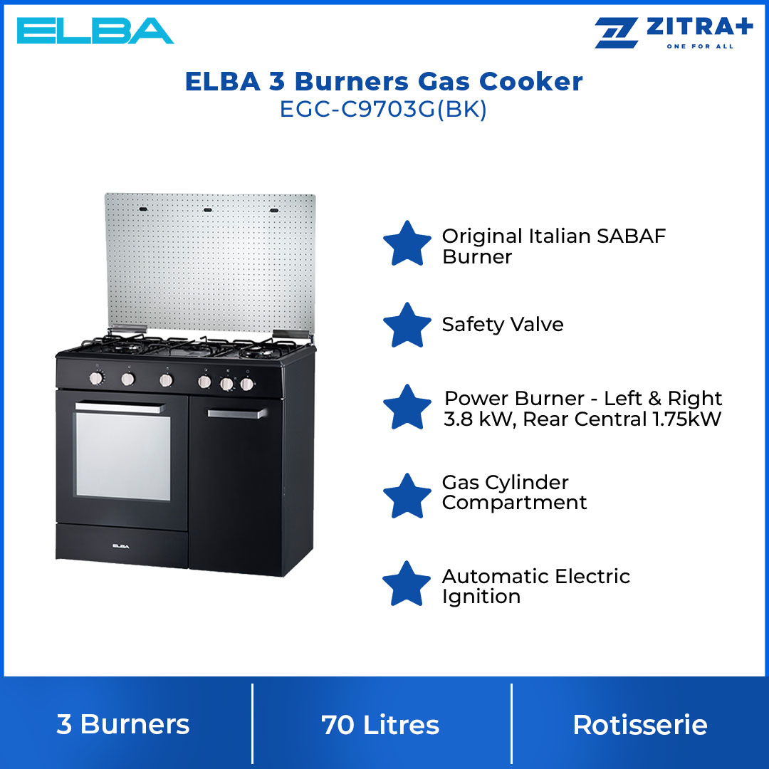 ELBA 2 Burners Gas Cooker EGC-C9703G(BK) | Original Italian SABAF Burner | Safety Valve | Gas Oven | Gas Cooker with 1 Year Warranty