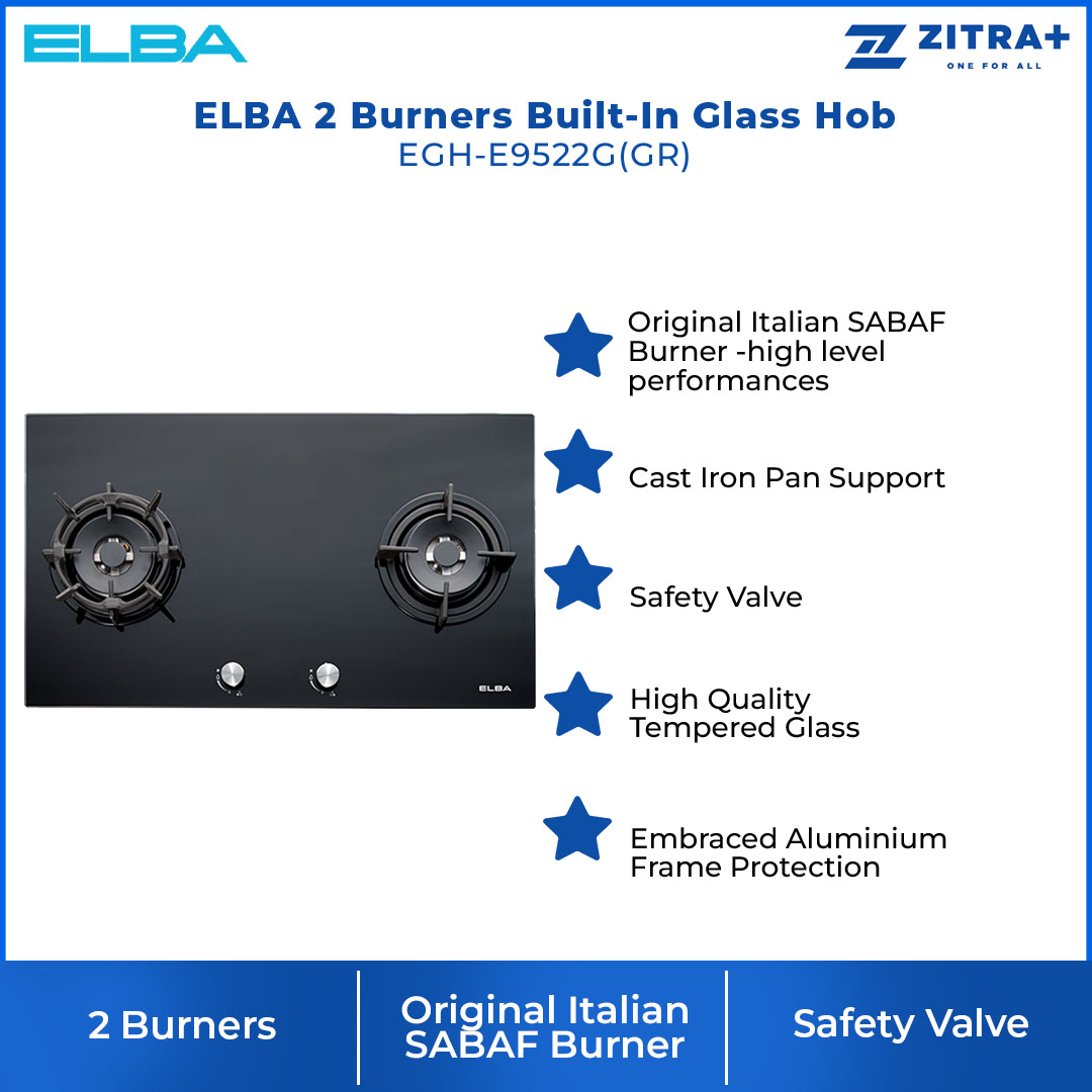 ELBA 2 burners Built-In Glass Hob EGH-E9522G(GR) | Original Italian SABAF Burner | Cast Iron Pan Support | Embraced Aluminium Frame Protection | Hob with 1 Year Warranty