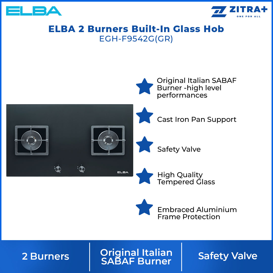 ELBA 2 Burners Built-In Glass Hob EGH-F9542G(GR) | Original Italian SABAF Burner | Cast Iron Pan Support | Embraced Aluminium Frame Protection | Hob with 1 Year Warranty