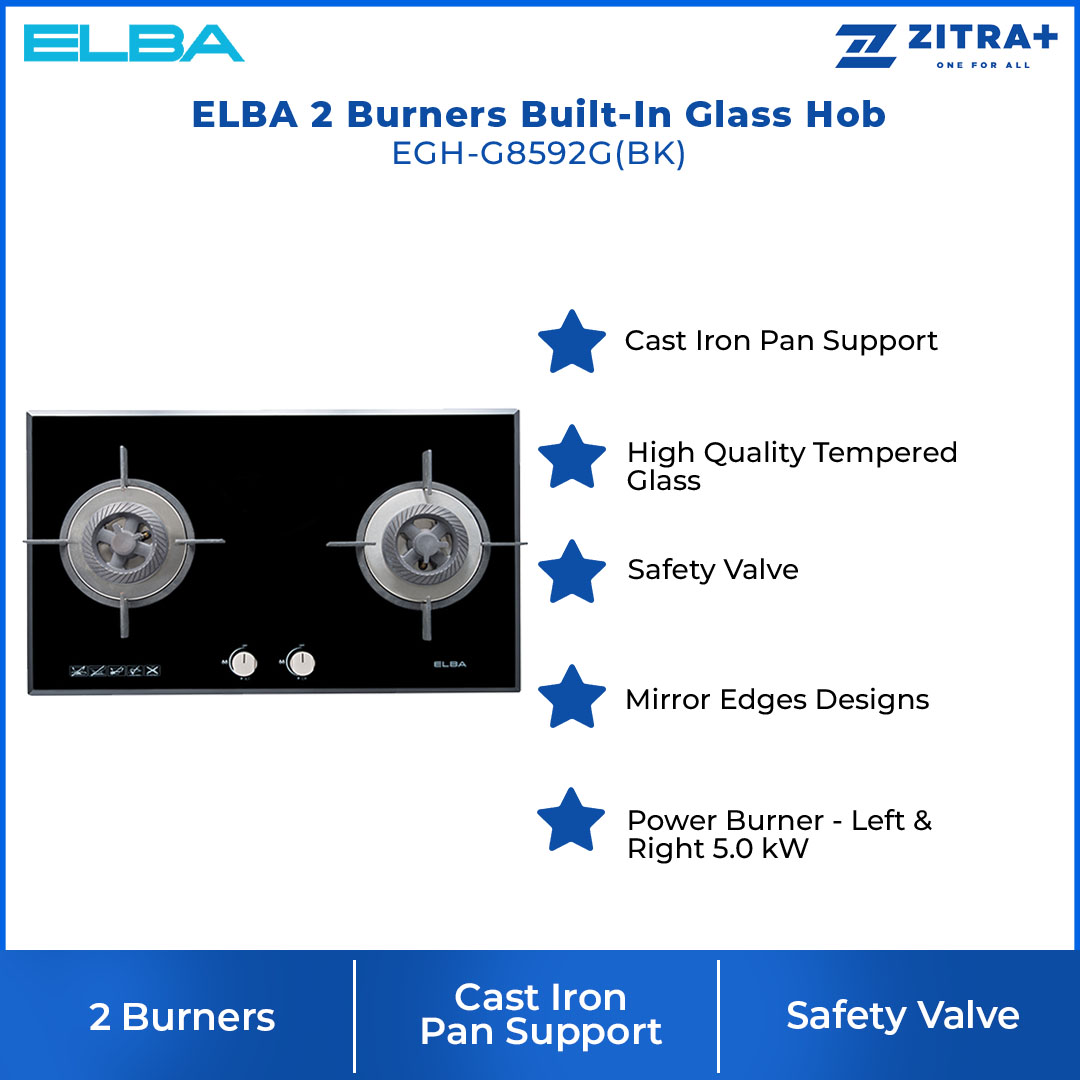 ELBA 2 burners Built-In Glass Hob EGH-G8592G(BK) | Cast Iron Pan Support | Safety Valve | Mirror Edges Design | Built-in Hob with 1 Year Warranty