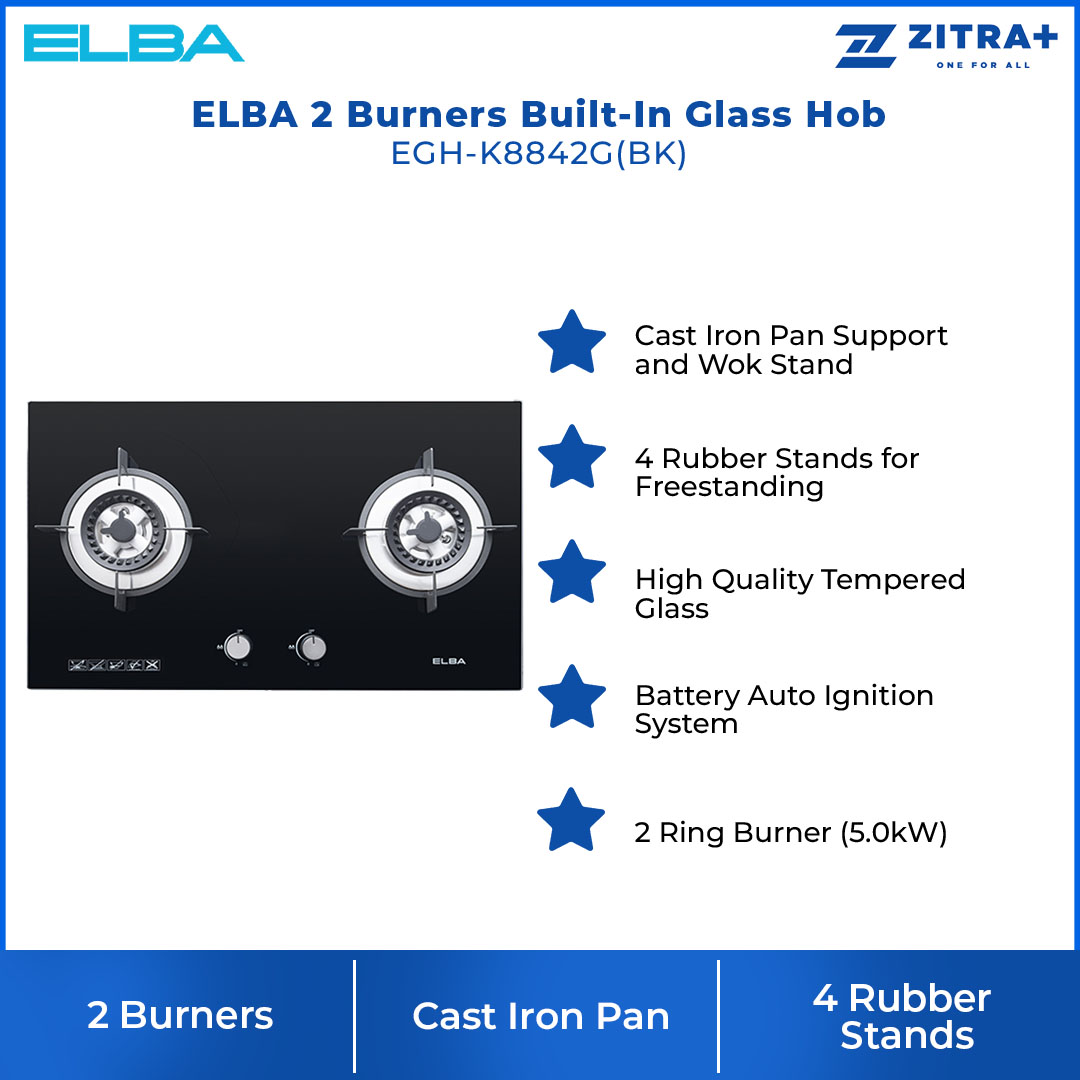 ELBA 2 Burners Built-In Glass Hob EGH-K8842G(BK) | Battery Auto Ignition System | 4 Rubber Stands for Freestanding | High Quality Tempered Glass | Cast Iron Pan Support and Wok Stand | Gas Cooker Hub with 1 Year Warranty