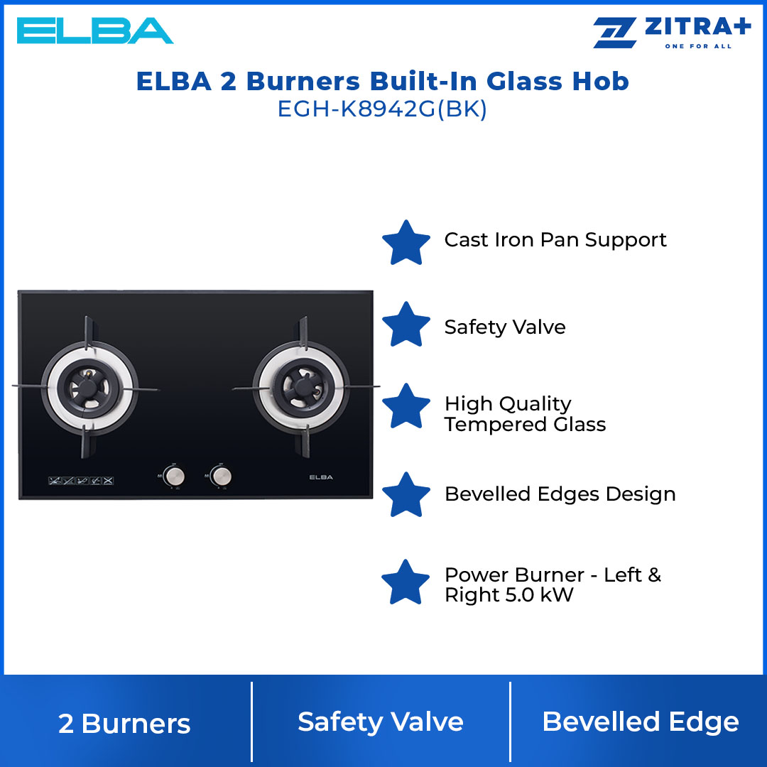 ELBA 2 Burners Built-In Glass Hob EGH-K8942G(BK) | Safety Valve | High Quality Tempered Glass | Cast Iron Pan Support | Bevelled Edges Design | Hob with 1 Year Warranty