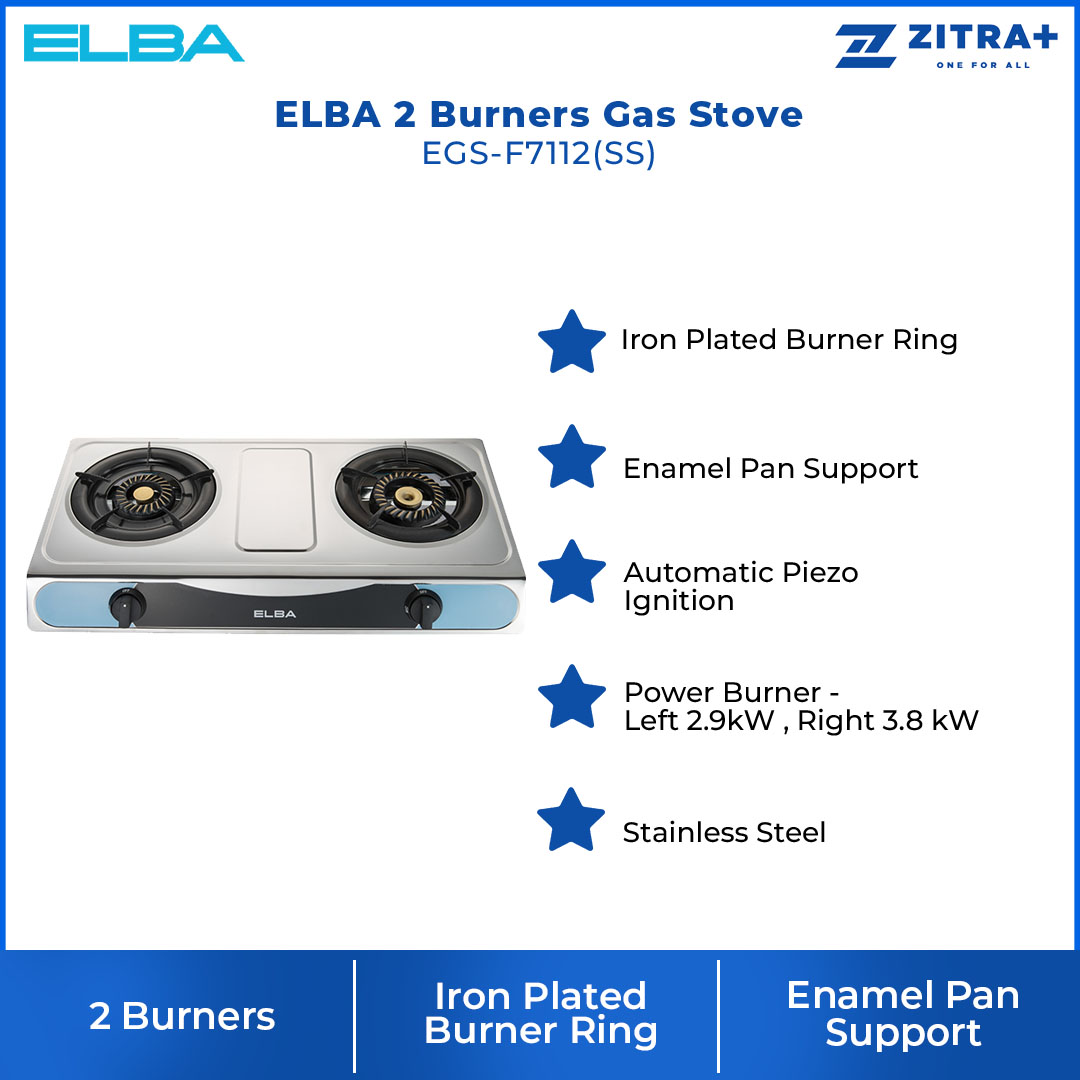 ELBA 2 burners Gas Stove EGS-F7112(SS) | Iron Plated Burner Ring | Enamel Pan Support | Gas Stove with 1 Year Warranty