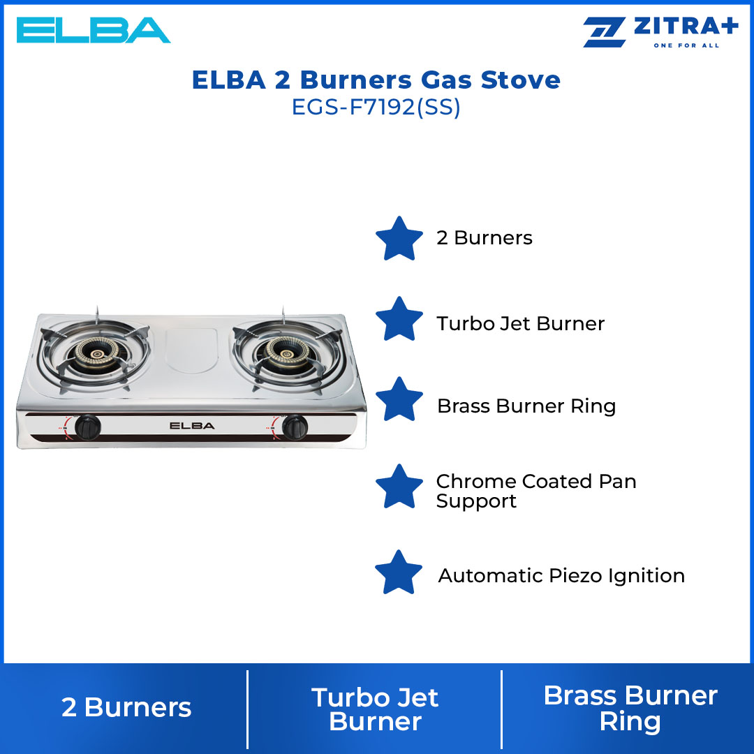 ELBA 2 Burners Gas Stove EGS-F7192(SS) | Turbo Jet Burner | Brass Burner Ring | Chrome Coated Pan Support | Gas Stove with 1 Year Warranty