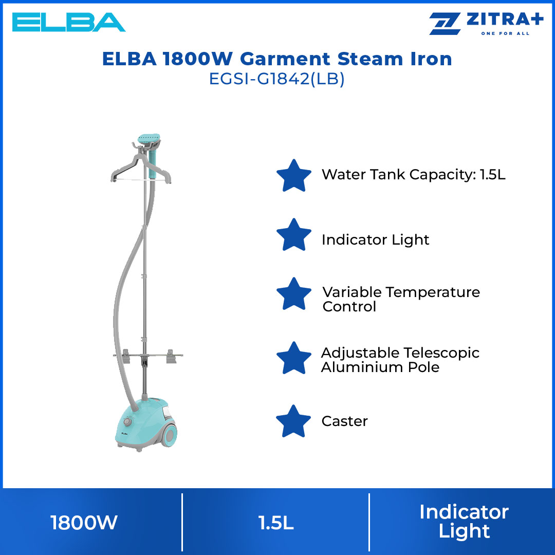 ELBA 1800W Garment Steam Iron EGSI-G1842(LB) | Strong Continuous Steam | Variable Temperature Control | Adjustable Telescopic Aluminium Pole |  Iron with 1 Year Warranty