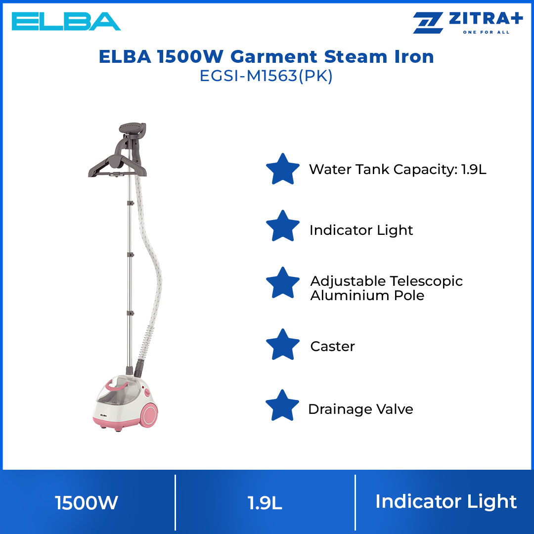 ELBA 1500W Garment Steam Iron EGSI-M1563(PK) | Adjustable Telescopic Aluminum Pole | 1.9L Water Tank | Indicator Light | Steam Iron with 1 Year Warranty