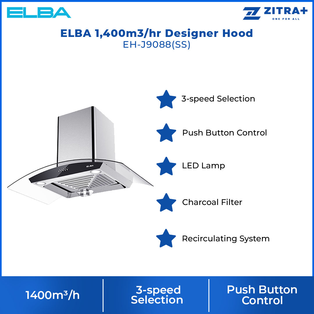 ELBA 1,400m3/hr Designer Hood EH-J9088(SS) | 3-speed Selection | Push Button Control | LED Lamp | Hood with 1 Year General Warranty & 5 Years Motor Warranty