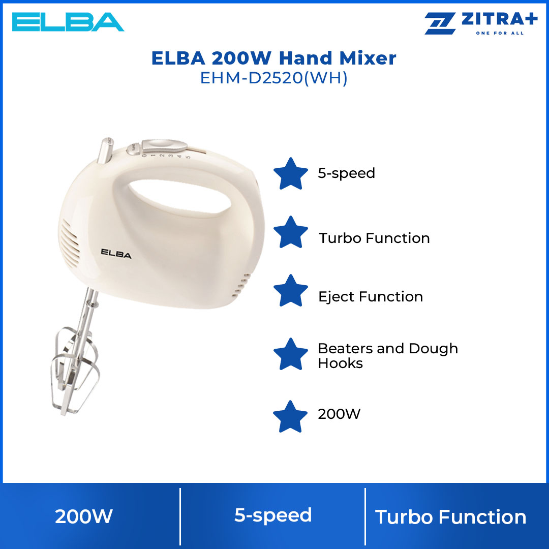 ELBA 200W Hand Mixer EHM-D2520(WH) | Included Beaters and Dough Hooks | Turbo Function | 5 Speeds | Eject Function | Hand Mixer with 1 Year Warranty