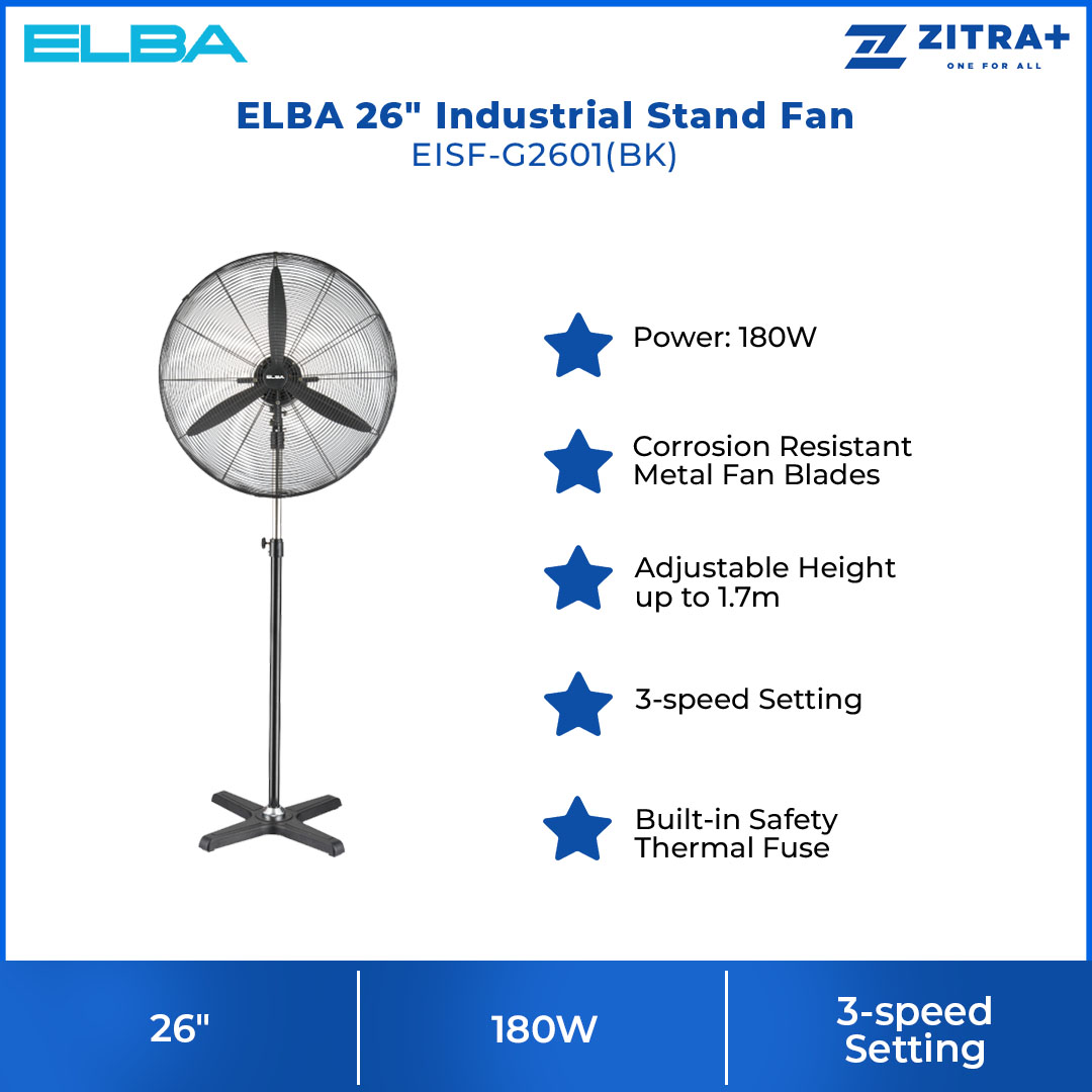 ELBA 26" Industrial Stand Fan EISF-G2601(BK) | 3-speed Setting | Built-in Safety Thermal Fuse | Adjustable Height | Tilt Angle Control and Wide Oscillation Angle | Industrial Stand Fan with 1 Year Warranty