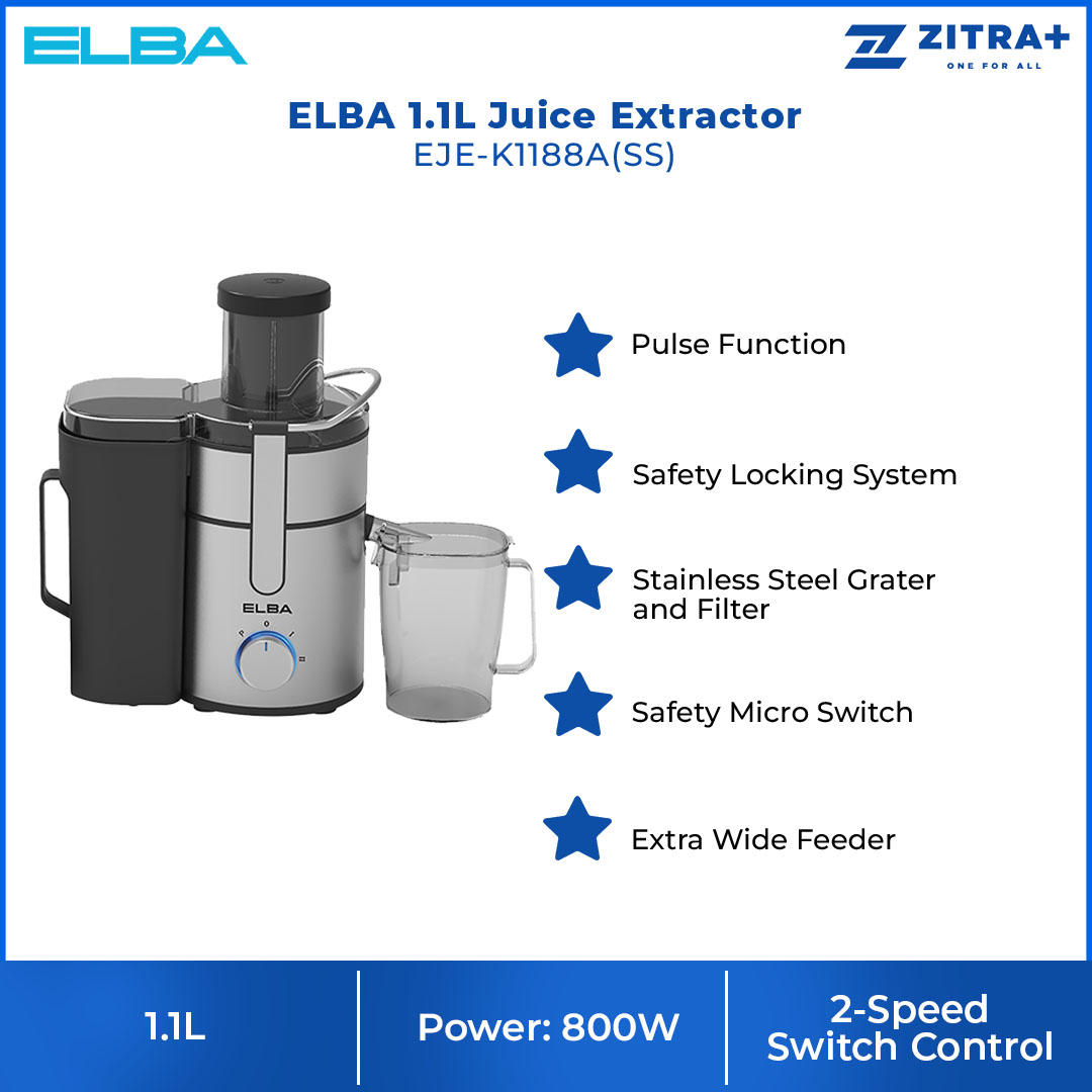 ELBA 1.1 Juice Extractor Stainless Steel EJE-K1188A(SS) | 4-in-1 Blender, Chopper, Juicer, Grinder | 2-Speed Switch Control | Safety Locking System | Juice Extractor with 1 Year Warranty
