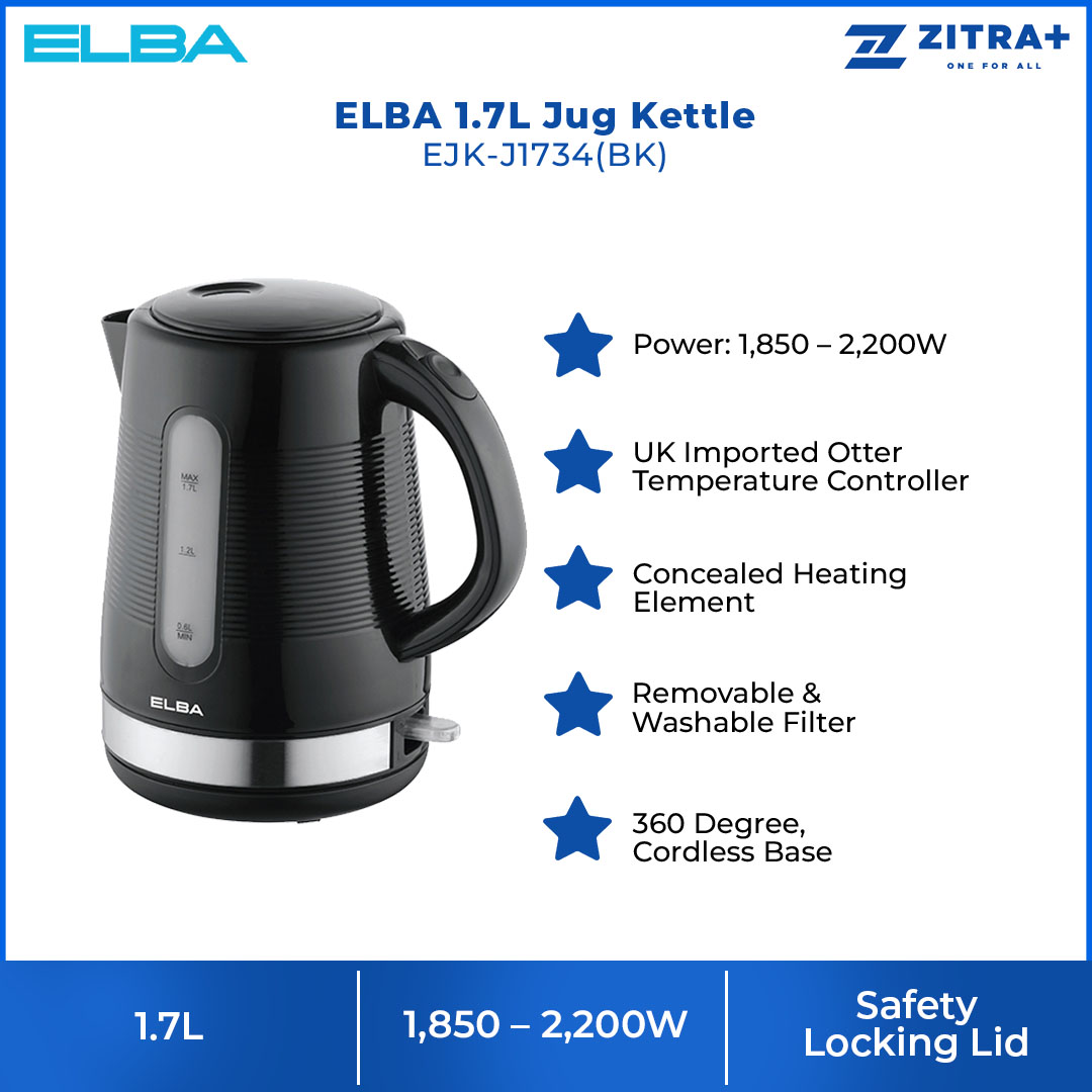 ELBA 1.7L Kettle EJK-J1734(BK) | UK Imported Otter Temperature Controller | Automatic Boiling & Switch Off | Dry Boiled Protection | Kettle with 1 Year Warranty