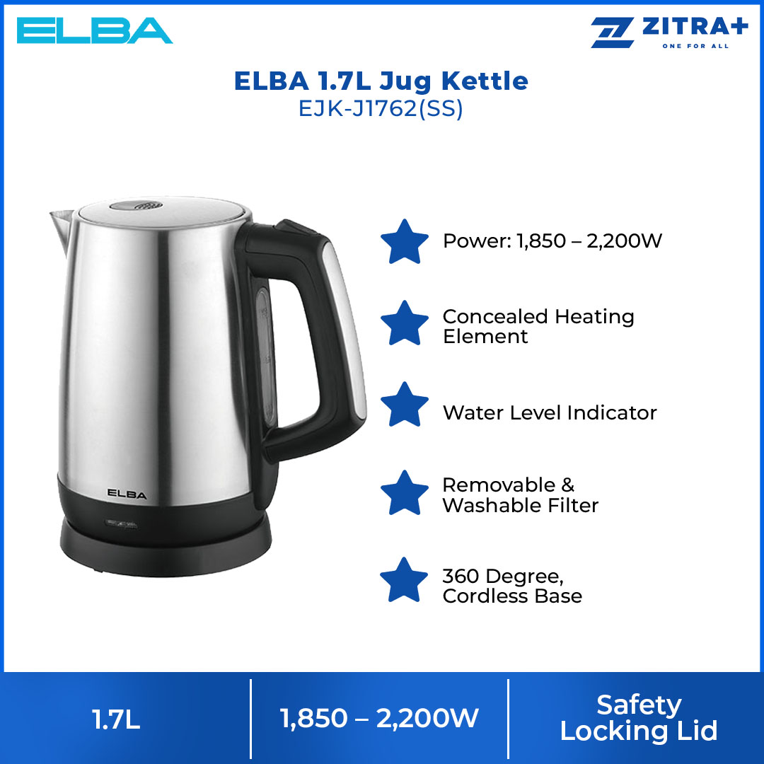 ELBA 1.7L Kettle Stainless Steel EJK-J1762(SS) | Dry Boiled Protection | Automatic Boiling & Switch Off | Removable & Washable Filter | Kettle with 1 Year Warranty