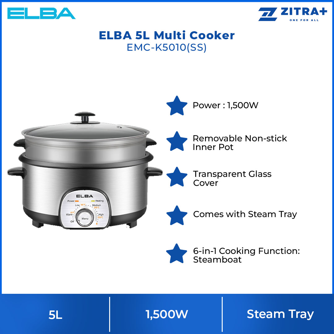 ELBA 5L Multi Cooker EMC-K5010(SS) | 6-in-1 Cooking Function | Power : 1,500W | Comes with Steam Tray | Removable Non-stick Inner Pot | Multi Cooker with 1 Year Warranty