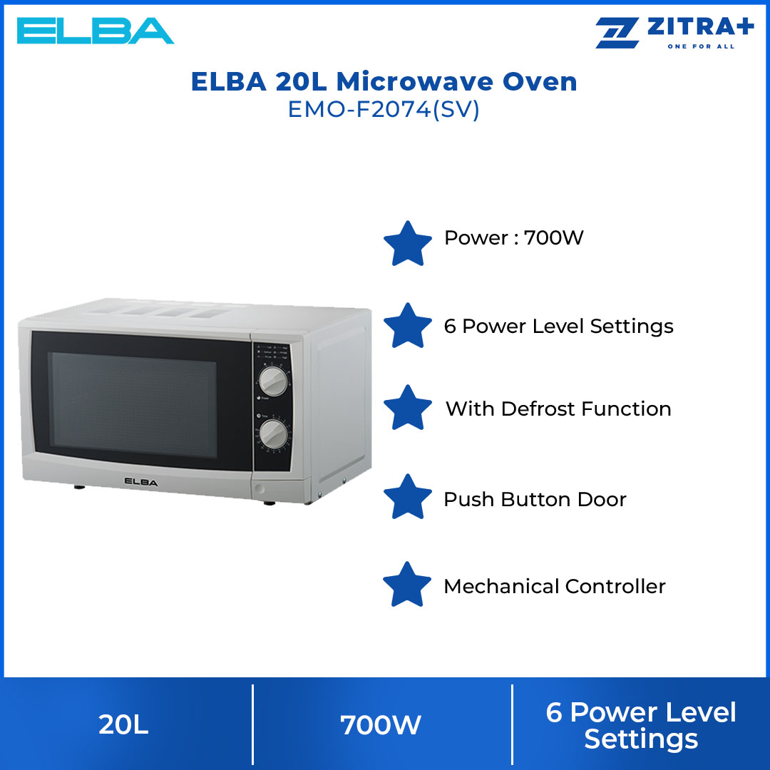 ELBA 20L Microwave Oven EMO-F2074(SV) | 6 Power Level Settings | With Defrost Function | Push Button Door | Microwave Oven with 1 Year Warranty