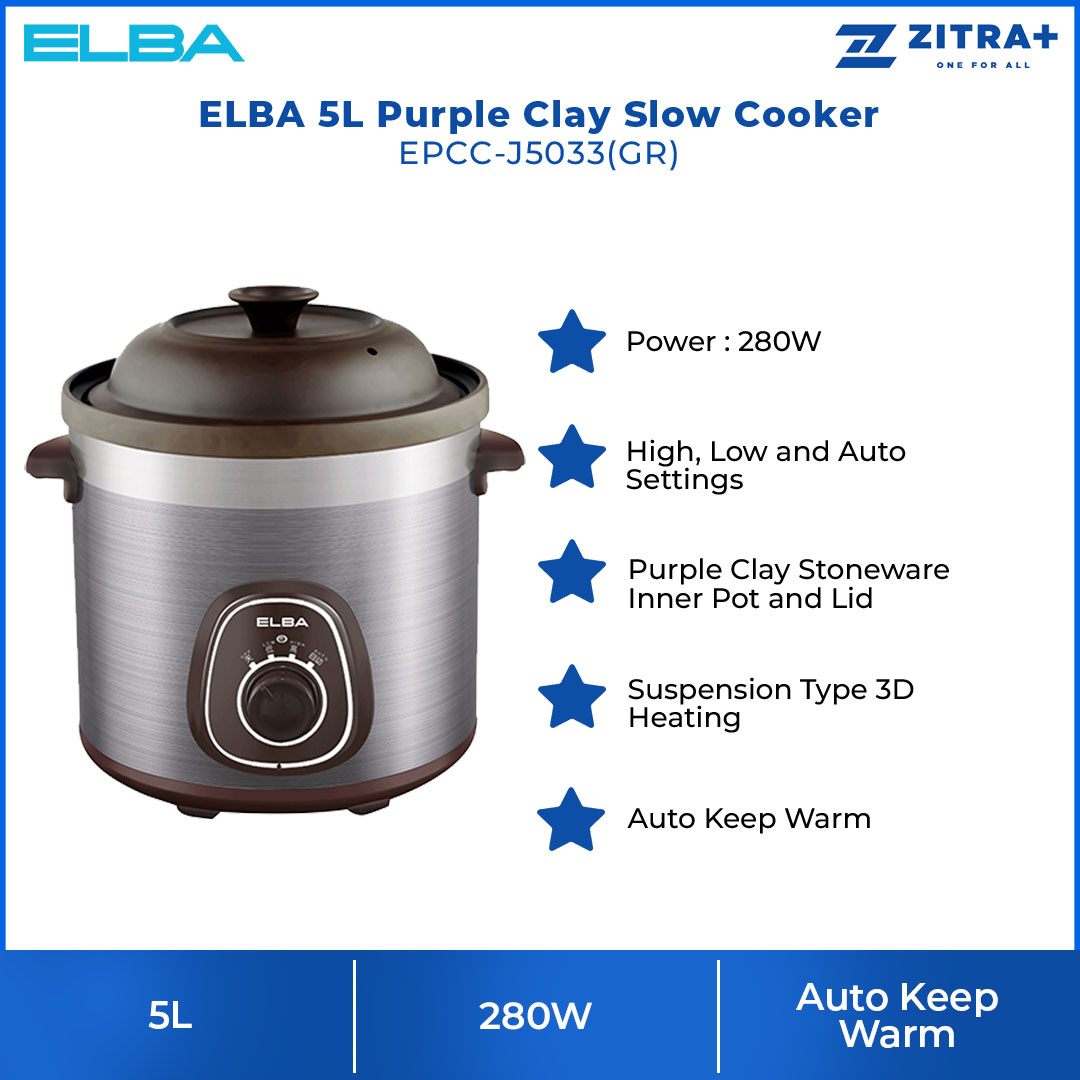 ELBA 5L Purple Clay Slow Cooker EPCC-J5033(GR) | Purple Clay Stoneware Inner Pot and Lid | Power : 280W | Suspension Type 3D Heating | Slow Cooker with 1 Year Warranty