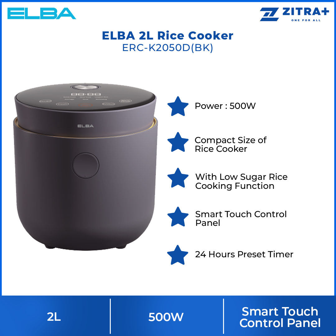 ELBA 2L Microcomputer Rice Cooker ERC-K2050D(BK) | With Low Sugar Rice Cooking Function | Smart Touch Control Panel | 24 Hours Preset Timer | Multi-functional Intelligent Menu | Rice Cooker with 1 Year Warranty