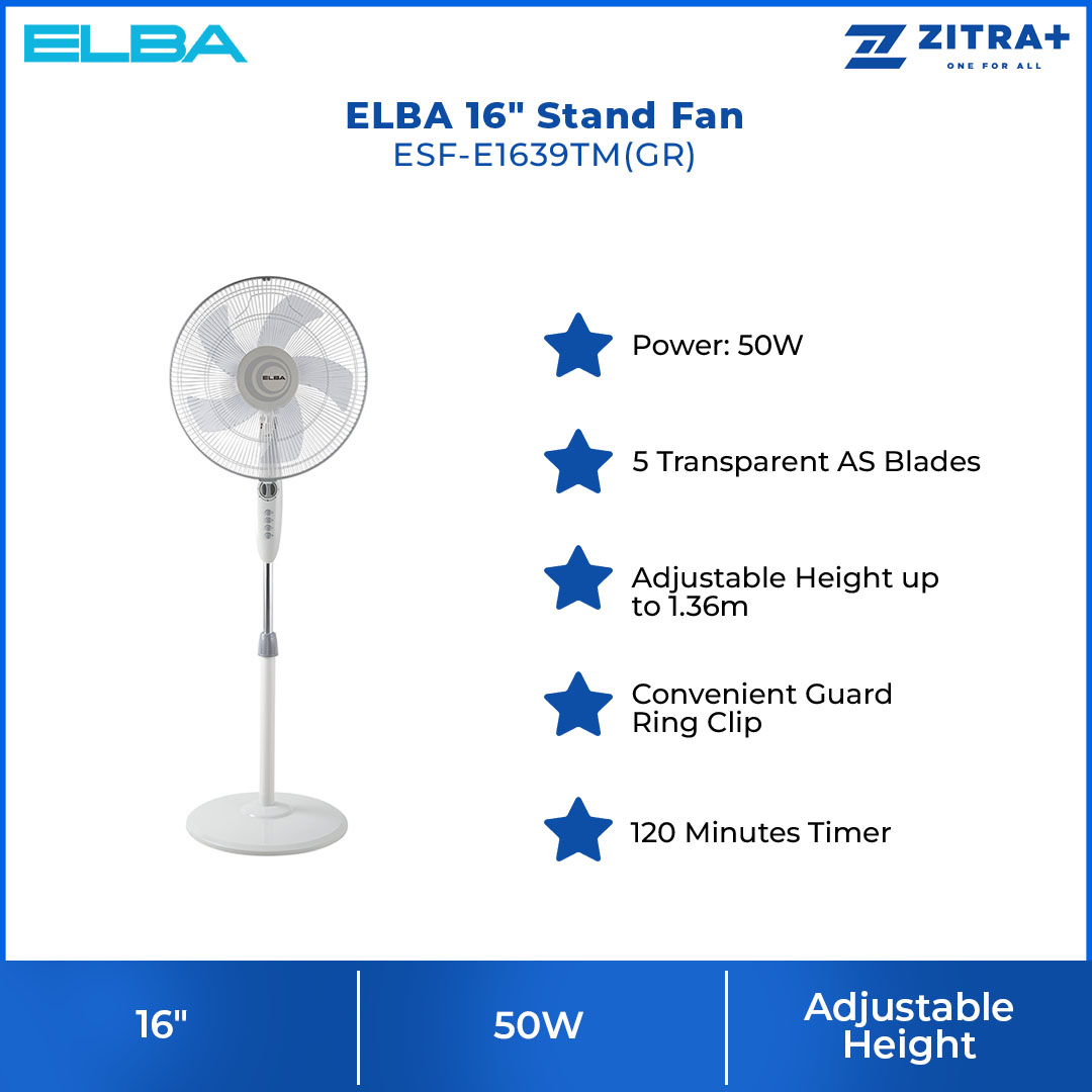 ELBA 16" Stand Fan ESF-E1639TM(GR) | 5 Transparent AS Blades | Adjustable Height | Thermal Safety Fuse | Whisper Quiet Self Lubricating Motor | Stand Fan with 1 Year Warranty