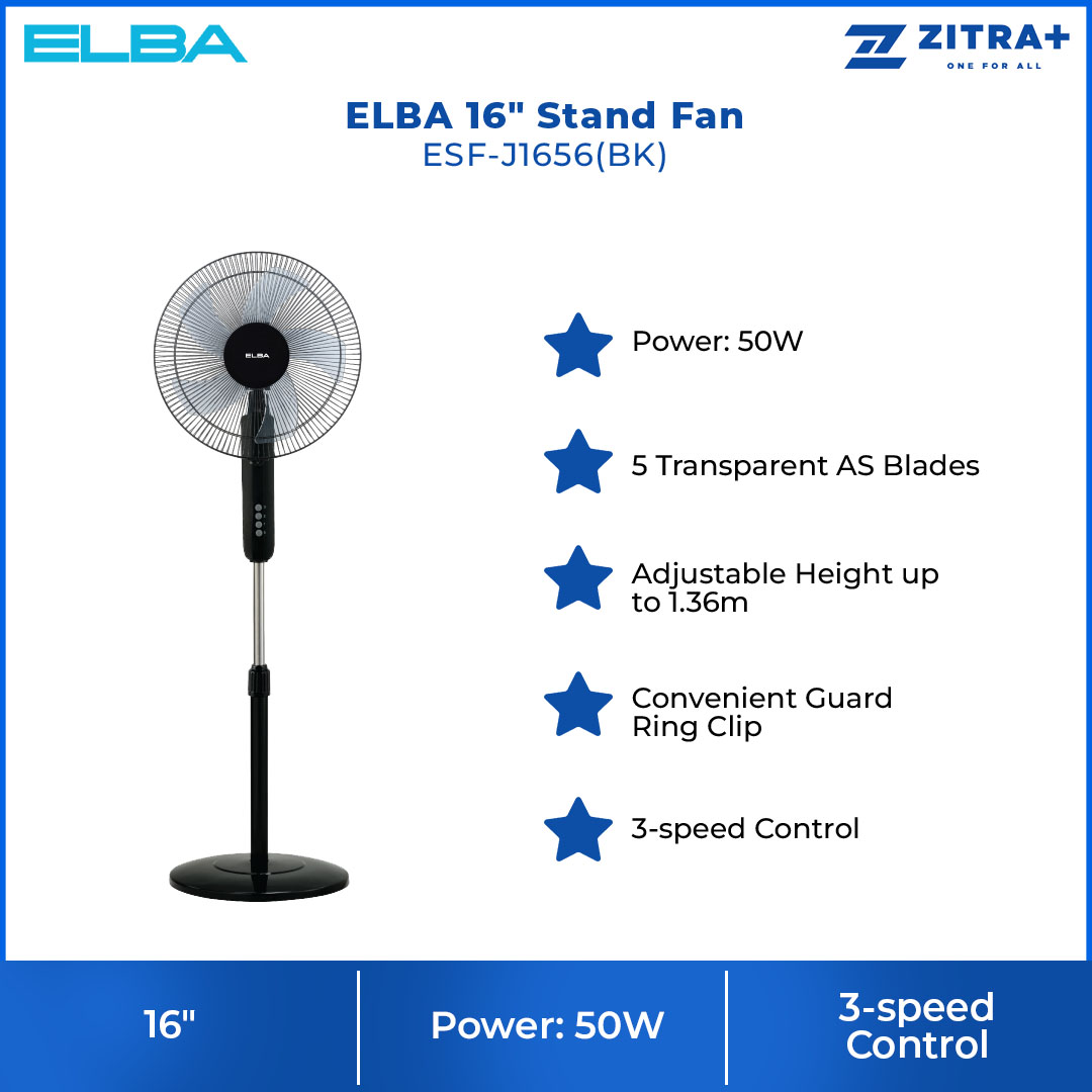 ELBA 16" Stand Fan ESF-J1656(BK) | 5 Transparent AS Blades | Whisper Quiet Self Lubricating Motor | 3-speed Control | Thermal Safety Fuse | Stand Fan with 1 Year Warranty
