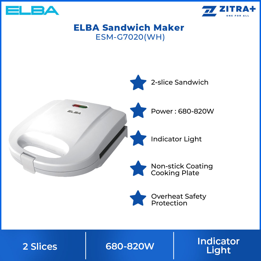 ELBA  Sandwich Maker ESM-G7020(WH) | 2-slice Sandwich | Indicator Light | Non-stick Coating Cooking Plate | Sandwich Maker with 1 Year Warranty