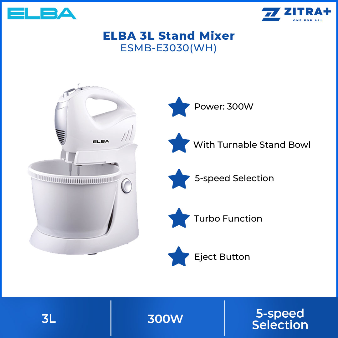 ELBA 3L Stand Mixer ESMB-E3030(WH) | With Turnable Stand Bowl | 5-speed | Included Beaters, Dough Hooks, Stand Bowl | Stand Mixer with 1 Year Warranty